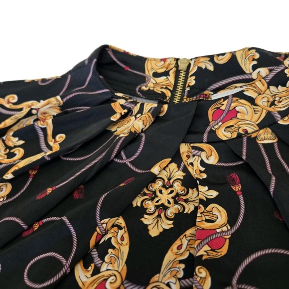 Worthington Womens PL Blouse Satin Regal Elegant Old Money Pleated Zip Red Gold - Picture 1 of 10